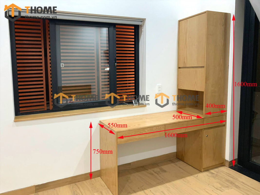 Bàn Làm Việc Góc Gỗ Sồi Tự Nhiên Kết Hợp Kệ Sách BLV2T-03SN