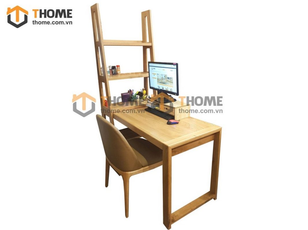 Bàn làm việc gỗ sồi tự nhiên có kệ sách bên hông BLV1T-14SM