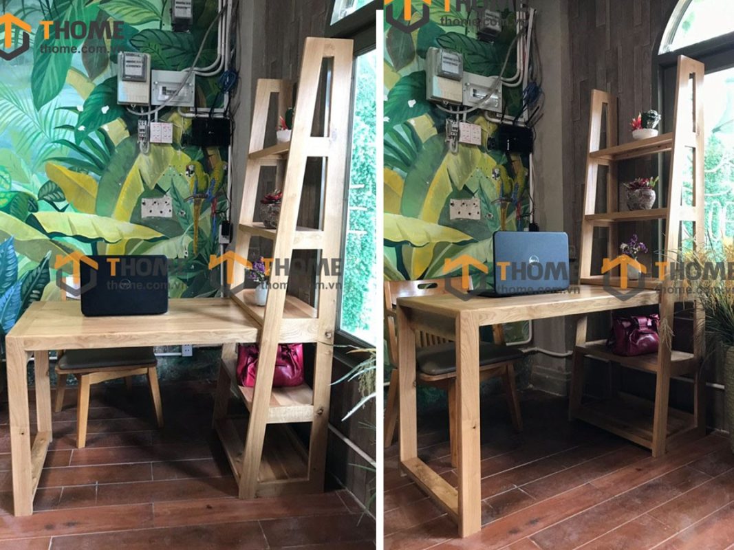 Bàn làm việc gỗ sồi tự nhiên có kệ sách bên hông BLV1T-14SM