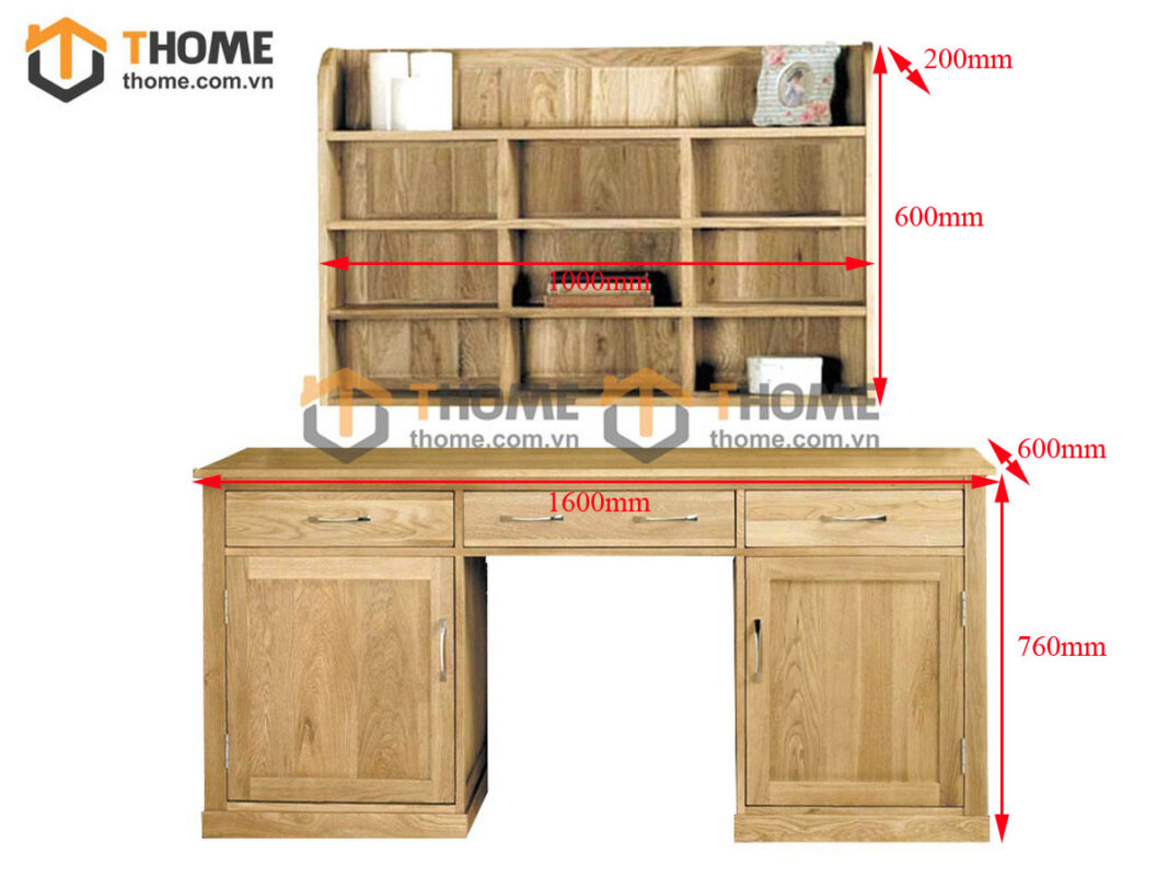 Bàn Làm Việc Gỗ Sồi Tự Nhiên 2 Cánh 3 Hộc Kéo BLV2T-02SM