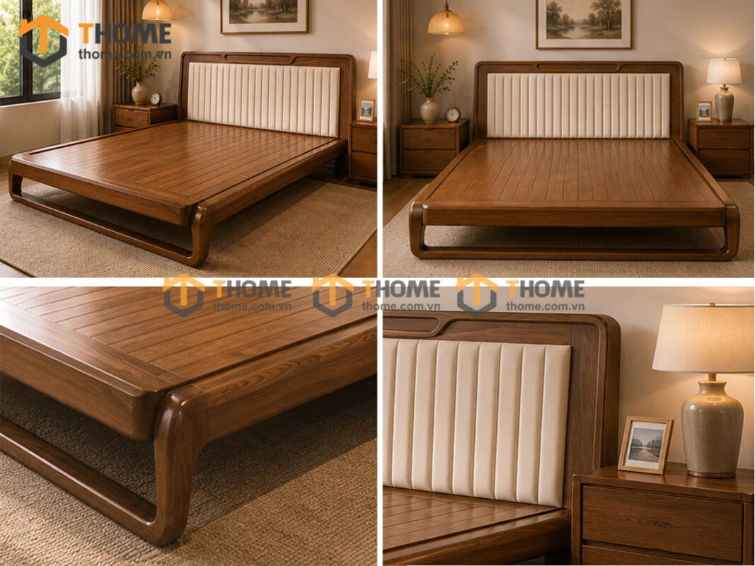 Giường Ngủ Chân Đùi Gà Gỗ Sồi Tự Nhiên Đầu Nệm GNĐN-16SN