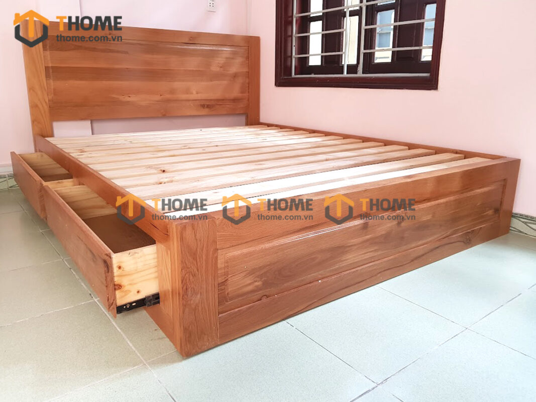 Giường ngủ gỗ sồi tự nhiên đầu thẳng 2 hộc kéo GN-04SM