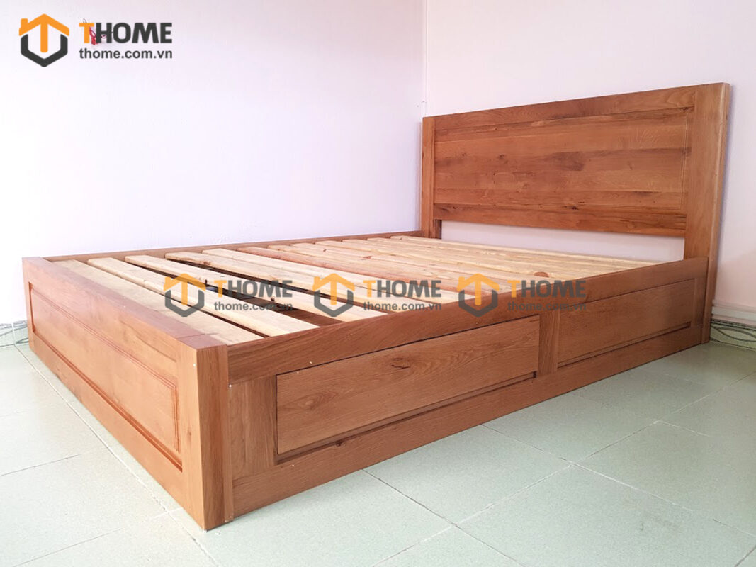 Giường ngủ gỗ sồi tự nhiên đầu thẳng 2 hộc kéo GN-04SM