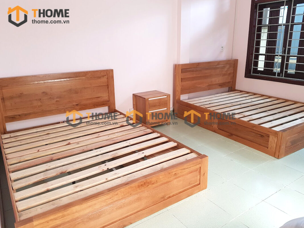 Giường ngủ gỗ sồi tự nhiên đầu thẳng 2 hộc kéo GN-04SM