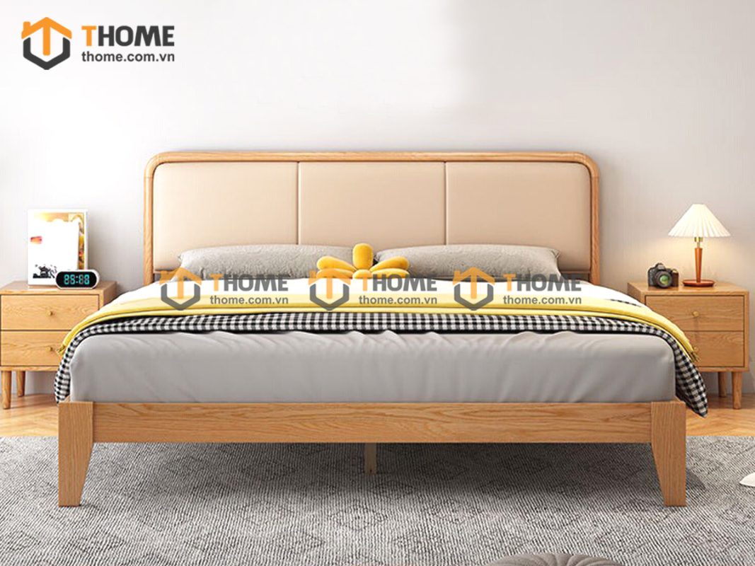 Giường ngủ gỗ sồi tự nhiên đầu nệm Mama màu tự nhiên GNĐN-02SN