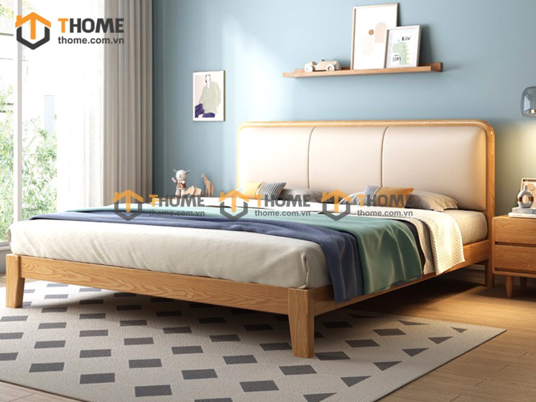 Giường ngủ gỗ sồi tự nhiên đầu nệm Mama màu tự nhiên GNĐN-02SN