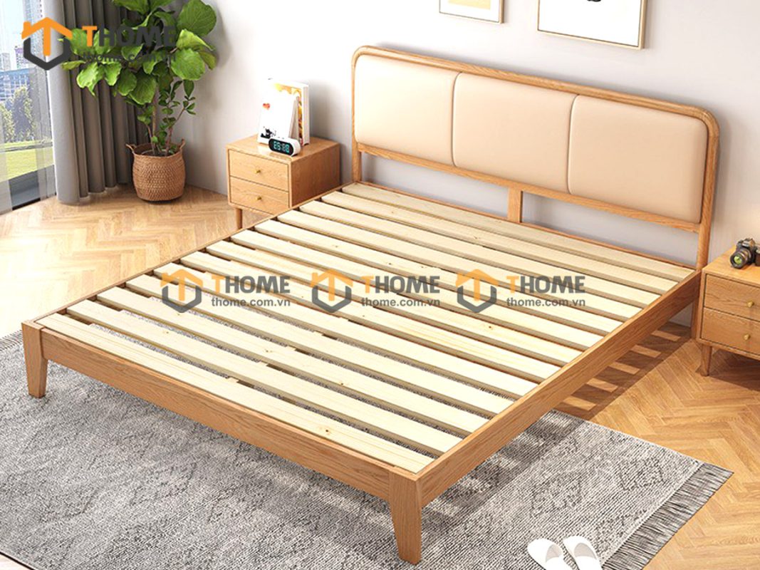 Giường ngủ gỗ sồi tự nhiên đầu nệm Mama màu tự nhiên GNĐN-02SN
