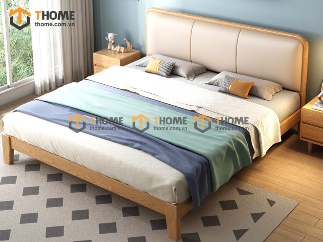 Giường ngủ gỗ sồi tự nhiên đầu nệm Mama màu tự nhiên GNĐN-02SN