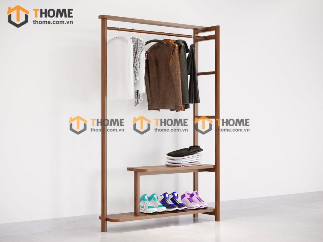Kệ treo quần áo gỗ sồi tự nhiên 2 tầng màu óc chó TAT-02SN