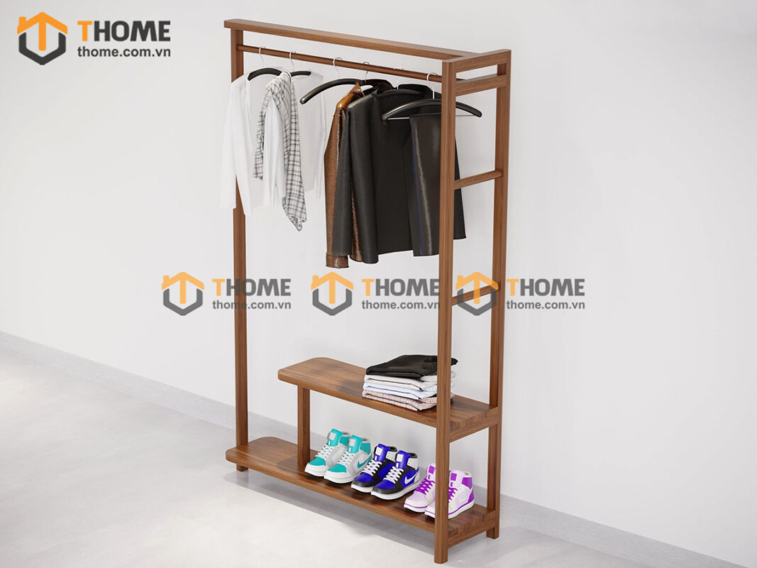 Kệ treo quần áo gỗ sồi tự nhiên 2 tầng màu óc chó TAT-02SN