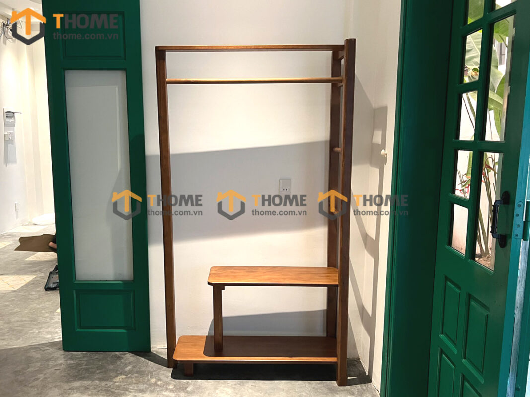 Kệ treo quần áo gỗ sồi tự nhiên 2 tầng màu óc chó TAT-02SN