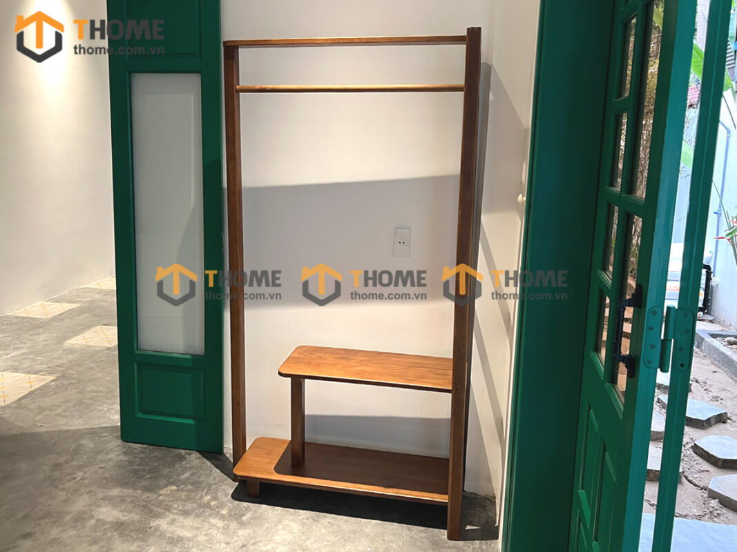 Kệ treo quần áo gỗ sồi tự nhiên 2 tầng màu óc chó TAT-02SN