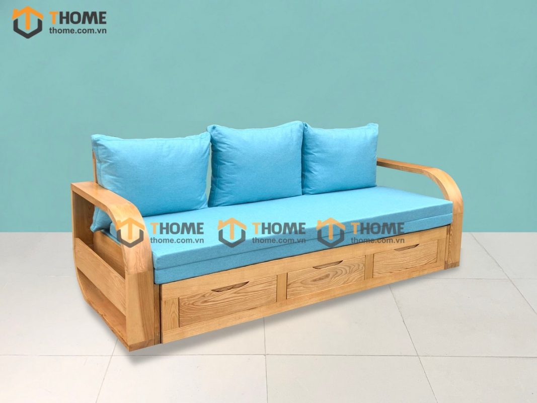 Sofa giường gỗ sồi tự nhiên răng cưa 2.15m màu tự nhiên SFB-01SN