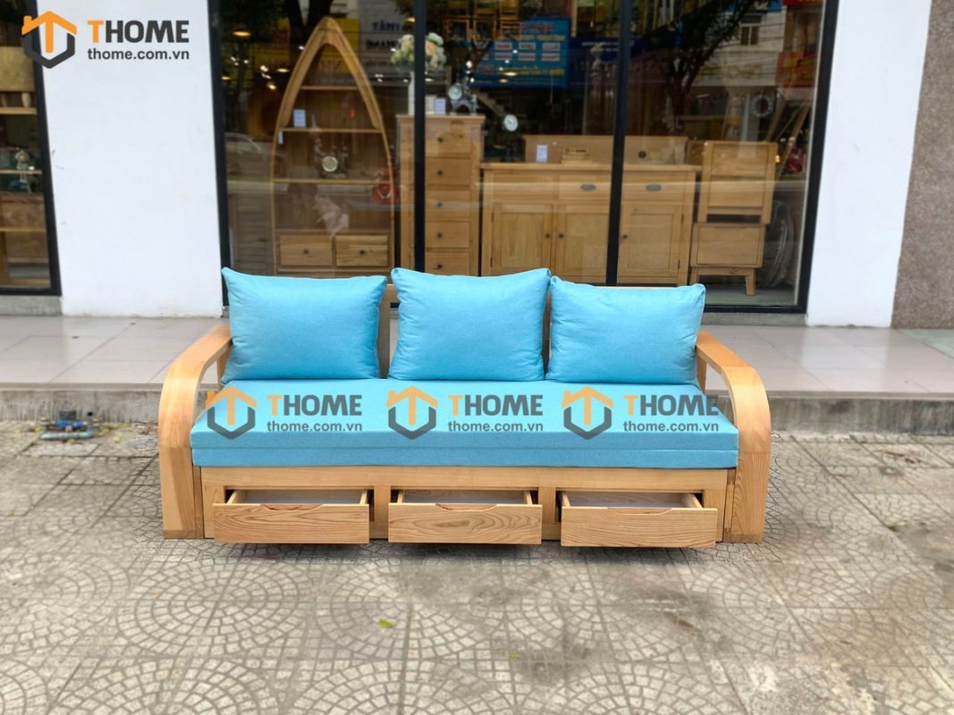 Sofa giường gỗ sồi tự nhiên răng cưa 2.15m màu tự nhiên SFB-01SN