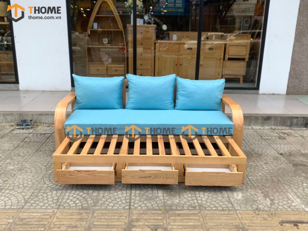 Sofa giường gỗ sồi tự nhiên răng cưa 2.15m màu tự nhiên SFB-01SN