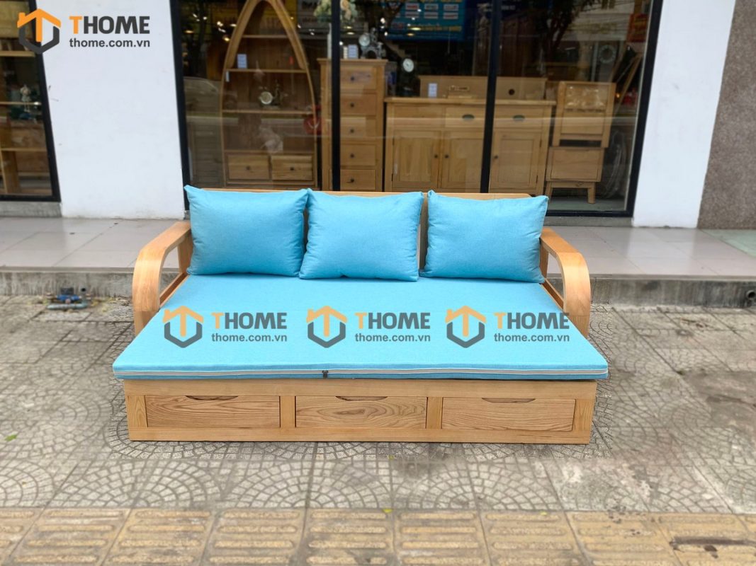 Sofa giường gỗ sồi tự nhiên răng cưa 2.15m màu tự nhiên SFB-01SN