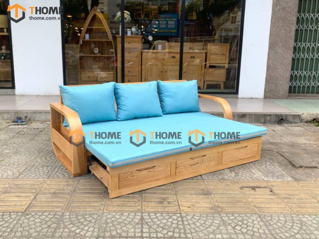 Sofa giường gỗ sồi tự nhiên răng cưa 2.15m màu tự nhiên SFB-01SN