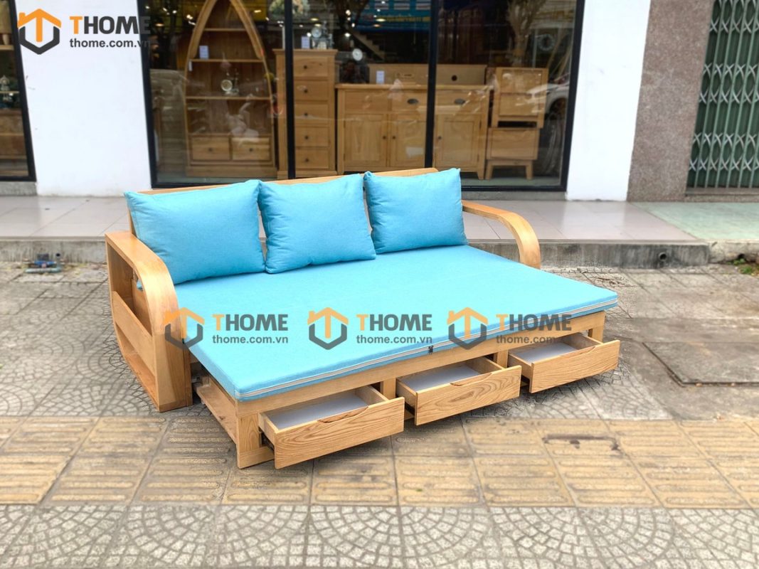 Sofa giường gỗ sồi tự nhiên răng cưa 2.15m màu tự nhiên SFB-01SN