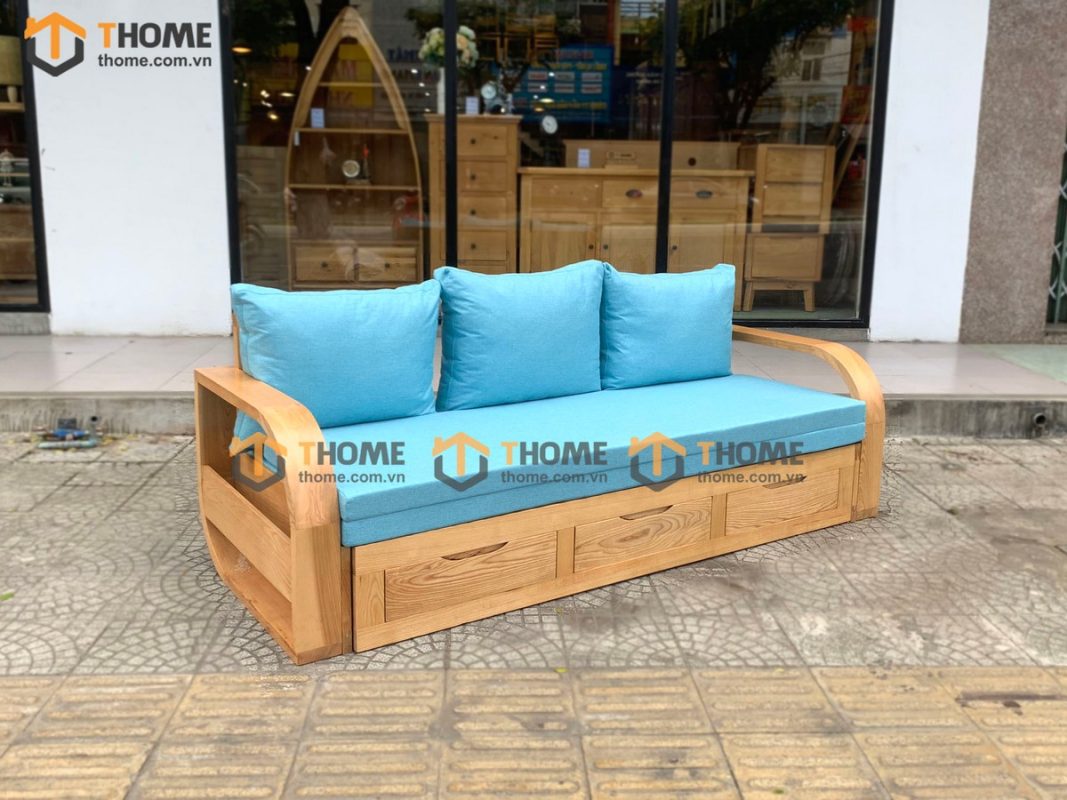 Sofa giường gỗ sồi tự nhiên răng cưa 2.15m màu tự nhiên SFB-01SN