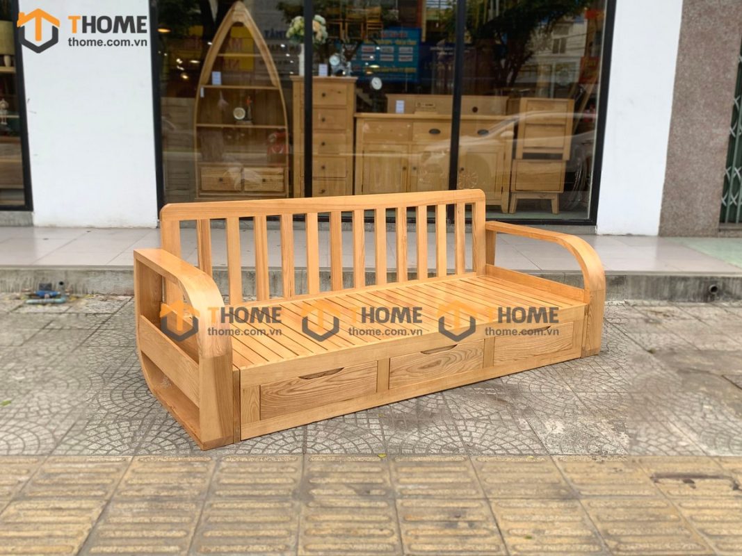 Sofa giường gỗ sồi tự nhiên răng cưa 2.15m màu tự nhiên SFB-01SN