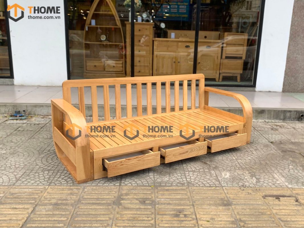 Sofa giường gỗ sồi tự nhiên răng cưa 2.15m màu tự nhiên SFB-01SN