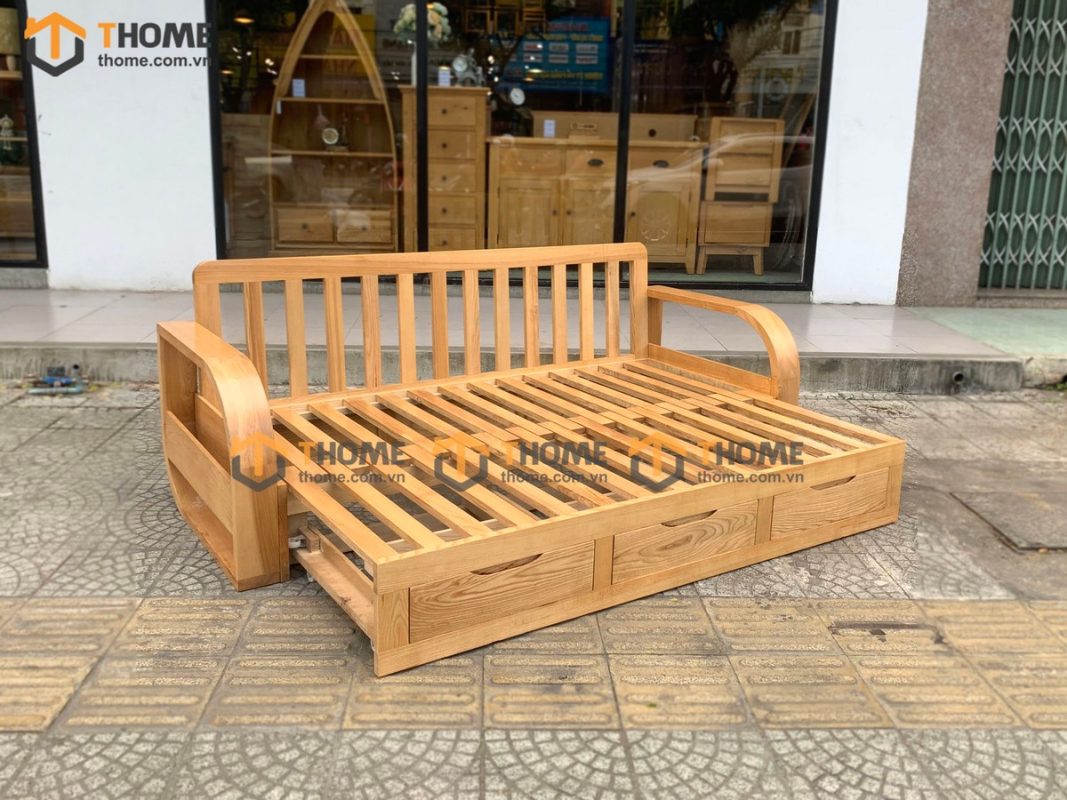 Sofa giường gỗ sồi tự nhiên răng cưa 2.15m màu tự nhiên SFB-01SN