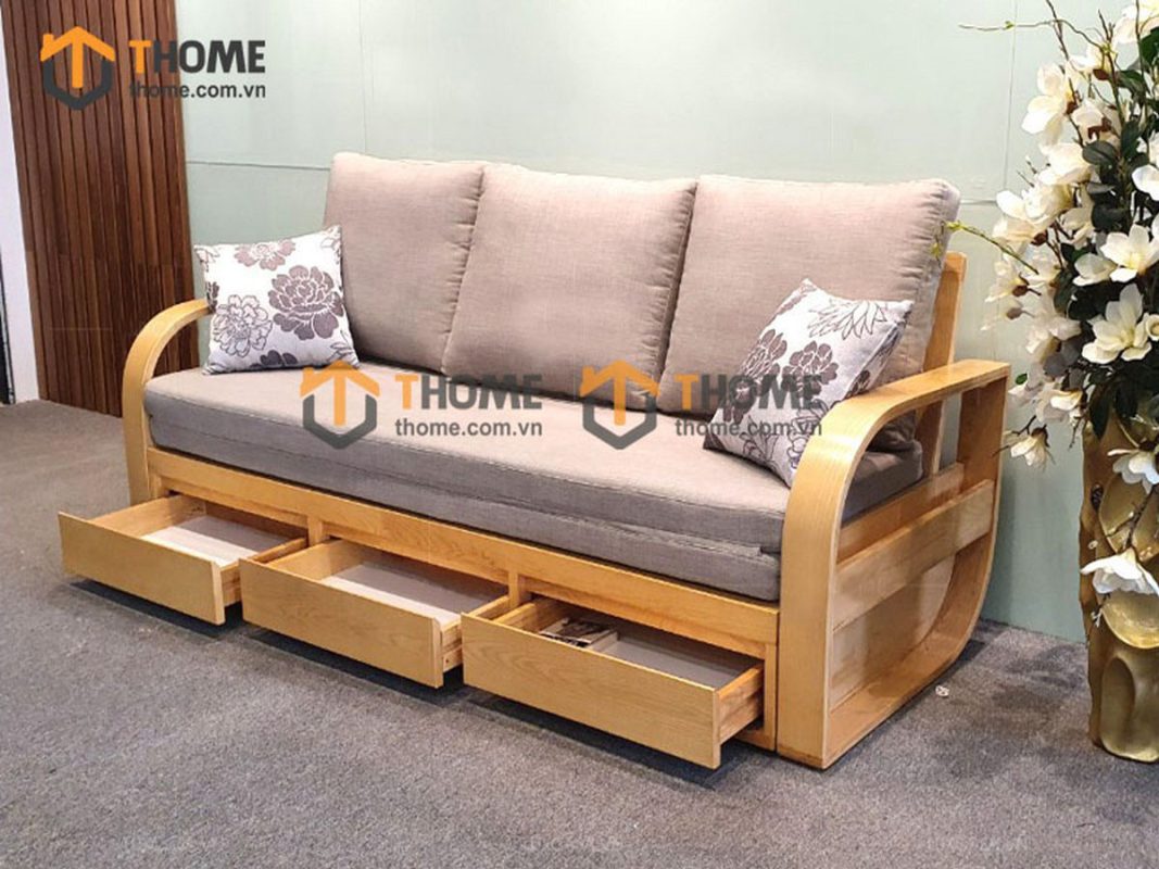 Sofa giường gỗ sồi tự nhiên răng cưa 2.15m màu tự nhiên SFB-01SN