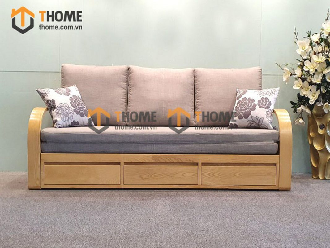 Sofa giường gỗ sồi tự nhiên răng cưa 2.15m màu tự nhiên SFB-01SN
