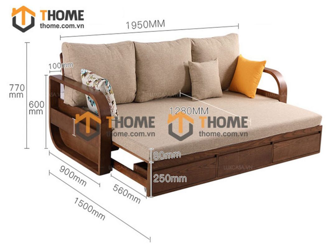 Sofa giường gỗ sồi tự nhiên răng cưa 2.15m màu tự nhiên SFB-01SN