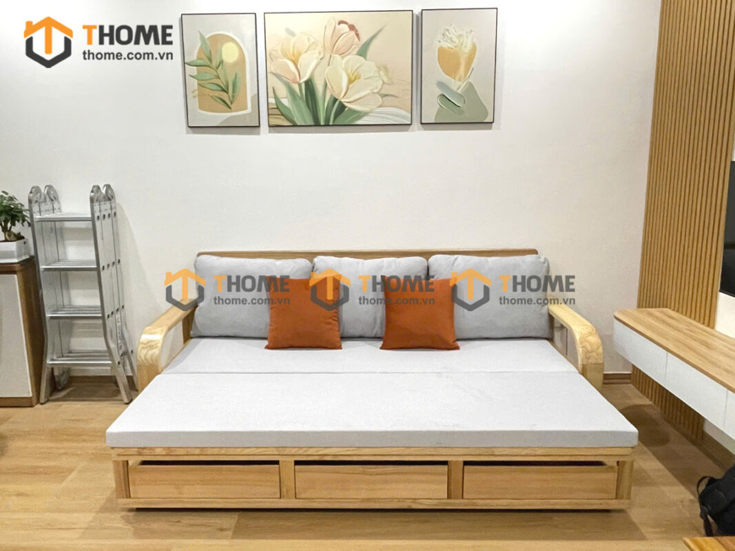 Sofa Giường Gỗ Sồi Tự Nhiên Răng Cưa 2.15m Màu Tự Nhiên SFB-01SN