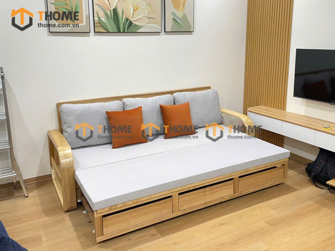 Sofa Giường Gỗ Sồi Tự Nhiên Răng Cưa 2.15m Màu Tự Nhiên SFB-01SN