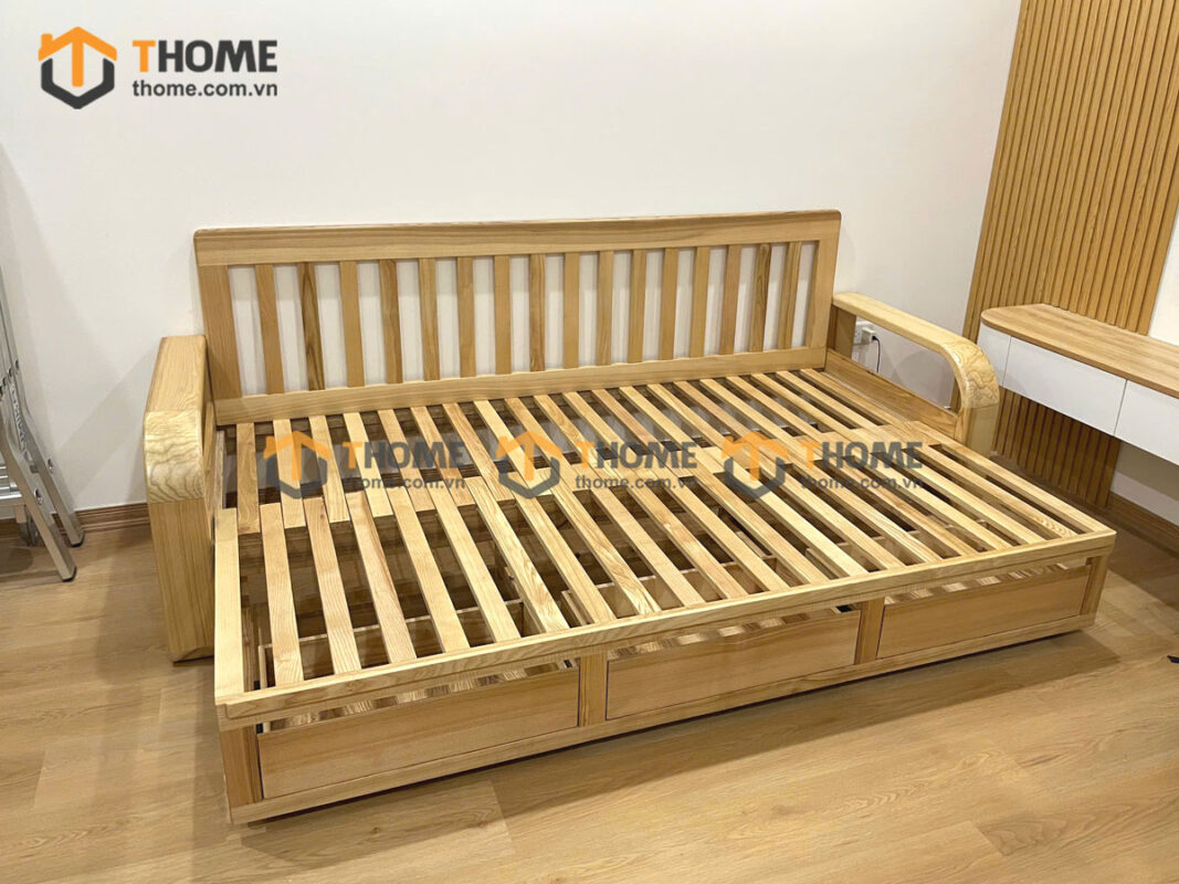 Sofa Giường Gỗ Sồi Tự Nhiên Răng Cưa 2.15m Màu Tự Nhiên SFB-01SN