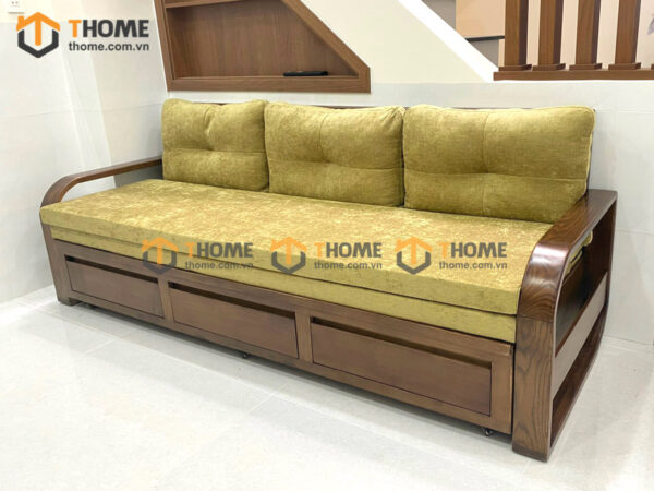 Sofa Giường Gỗ Sồi Tự Nhiên Răng Cưa 2.15m Màu Óc Chó SFB-02SN