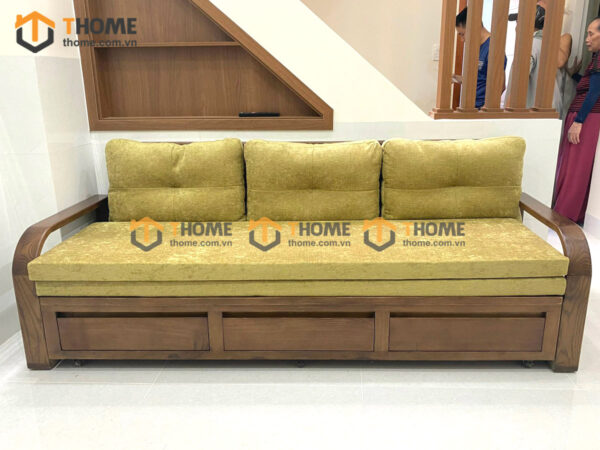 Sofa Giường Gỗ Sồi Tự Nhiên Răng Cưa 2.15m Màu Óc Chó SFB-02SN