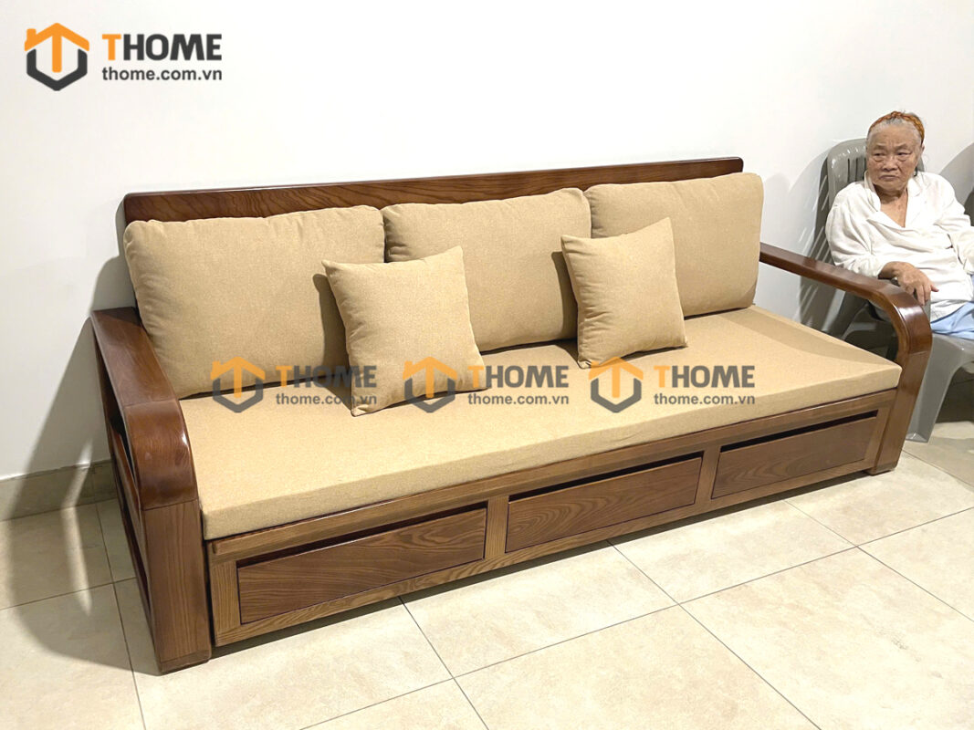 Sofa Giường Gỗ Sồi Tự Nhiên Răng Cưa 2.15m Màu Óc Chó SFB-02SN