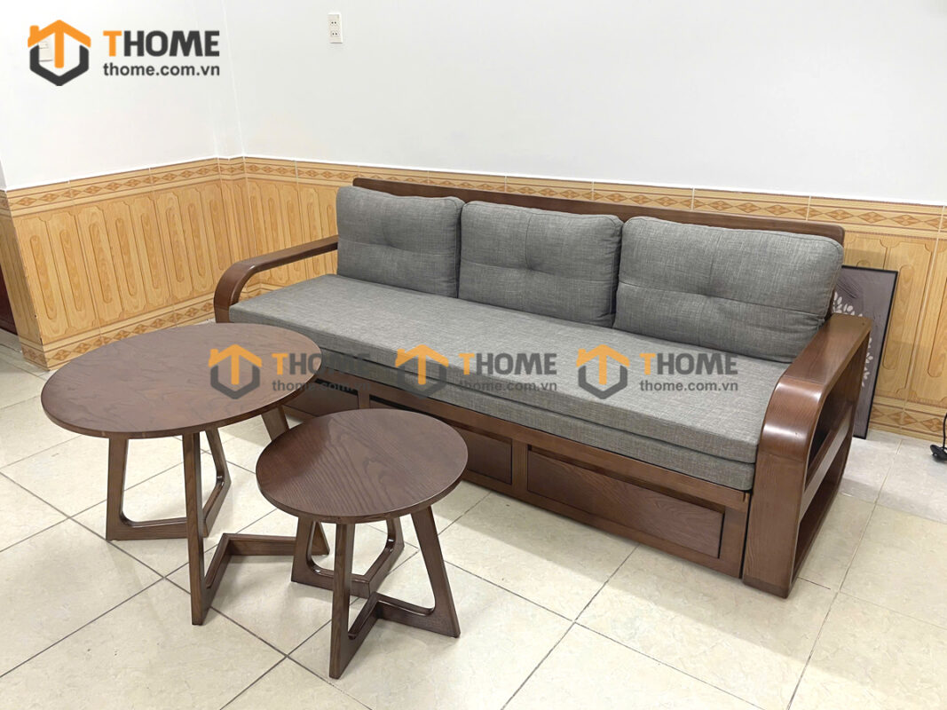 Sofa Giường Gỗ Sồi Tự Nhiên Răng Cưa 2.15m Màu Óc Chó SFB-02SN