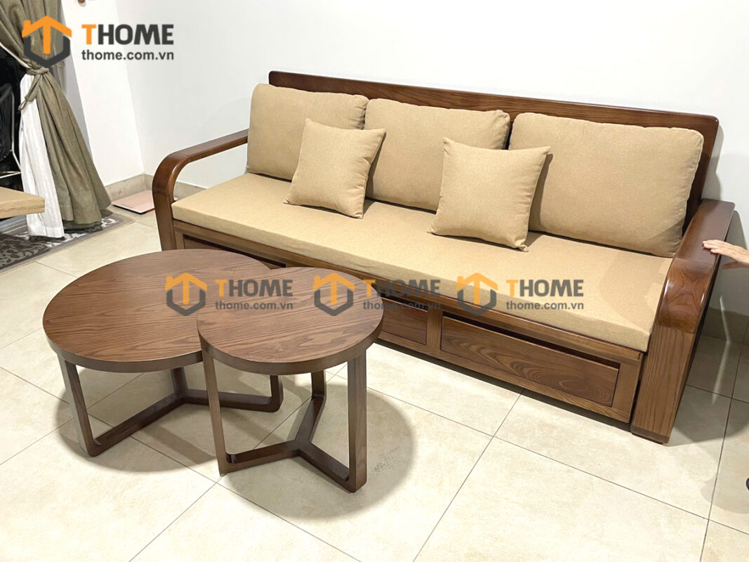 Sofa Giường Gỗ Sồi Tự Nhiên Răng Cưa 2.15m Màu Óc Chó SFB-02SN