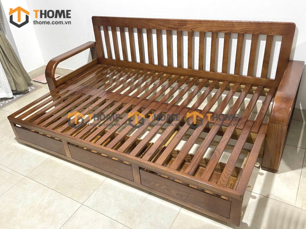 Sofa Giường Gỗ Sồi Tự Nhiên Răng Cưa 2.15m Màu Óc Chó SFB-02SN