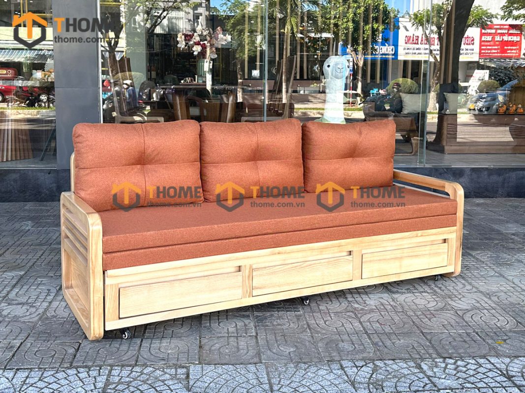 Sofa giường gỗ sồi tự nhiên răng cưa tay nhỏ màu tự nhiên SFB-03SN