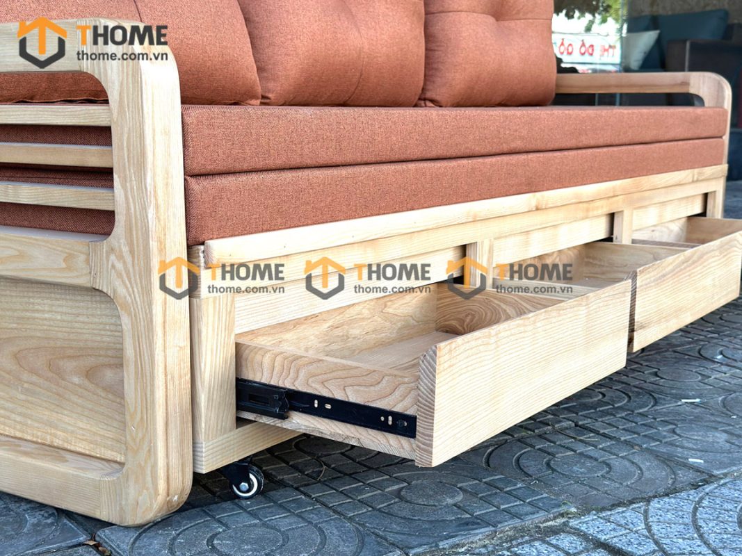 Sofa giường gỗ sồi tự nhiên răng cưa tay nhỏ màu tự nhiên SFB-03SN