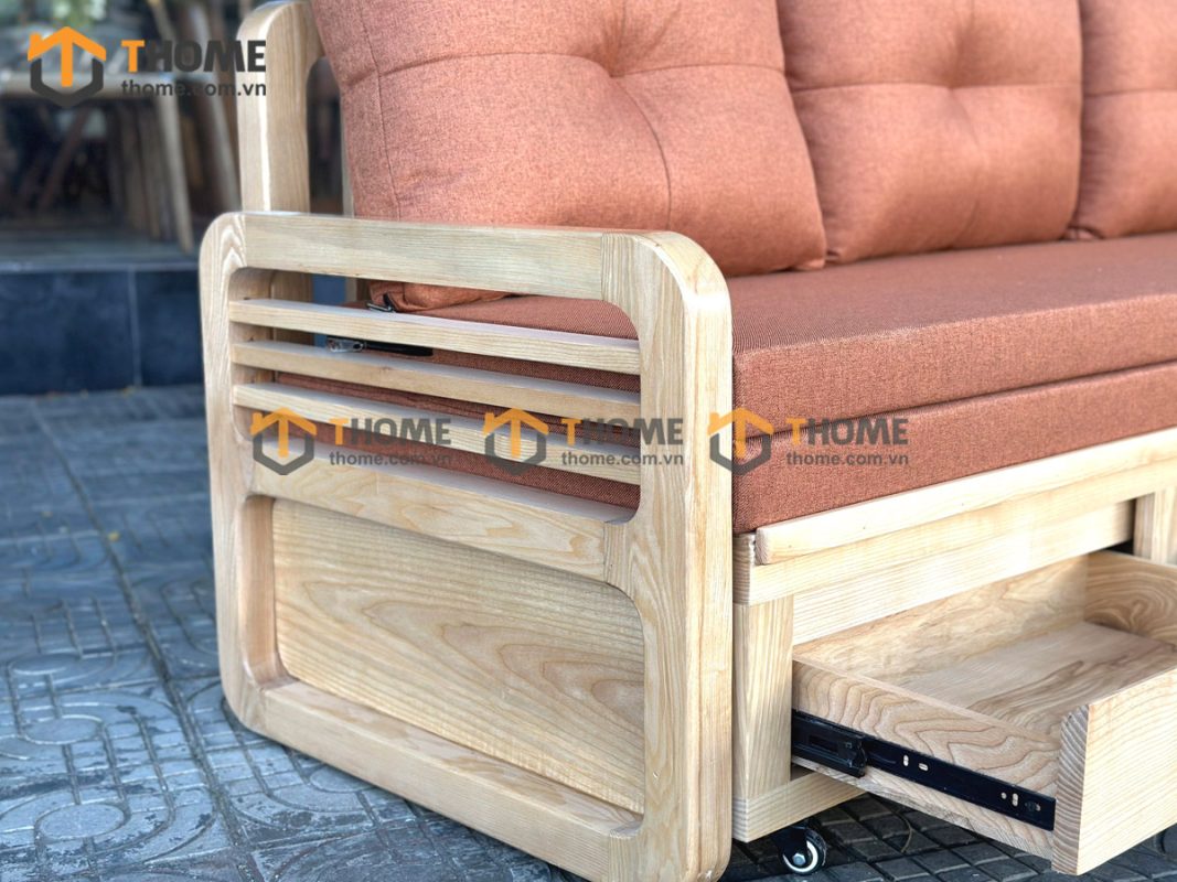 Sofa giường gỗ sồi tự nhiên răng cưa tay nhỏ màu tự nhiên SFB-03SN