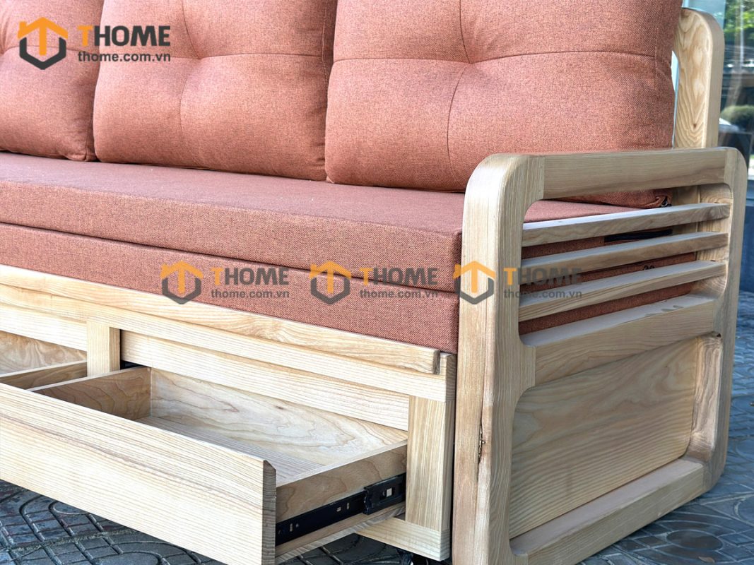 Sofa giường gỗ sồi tự nhiên răng cưa tay nhỏ màu tự nhiên SFB-03SN