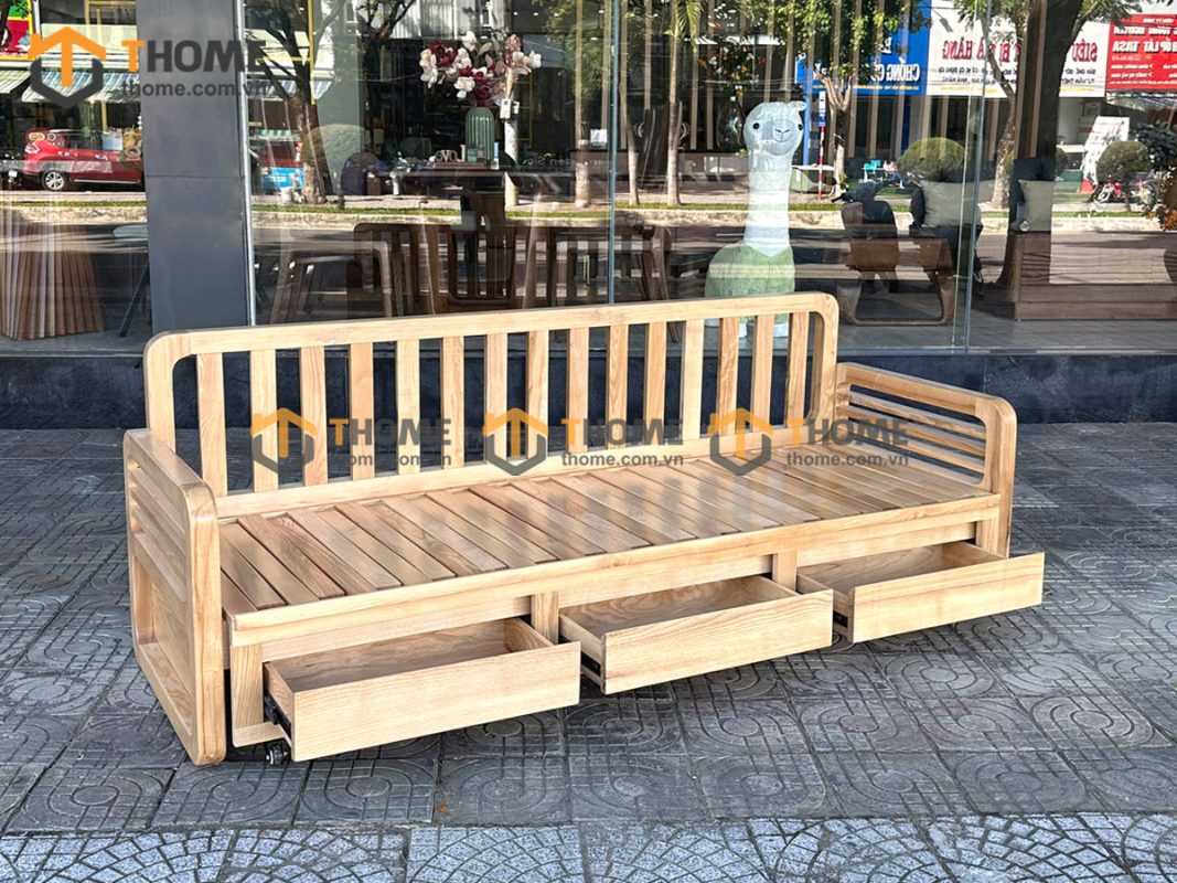 Sofa giường gỗ sồi tự nhiên răng cưa tay nhỏ màu tự nhiên SFB-03SN