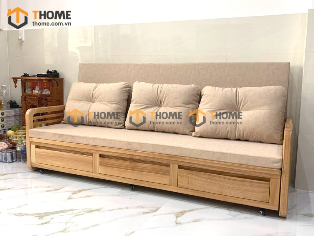 Sofa giường gỗ sồi tự nhiên răng cưa tay nhỏ màu tự nhiên SFB-03SN