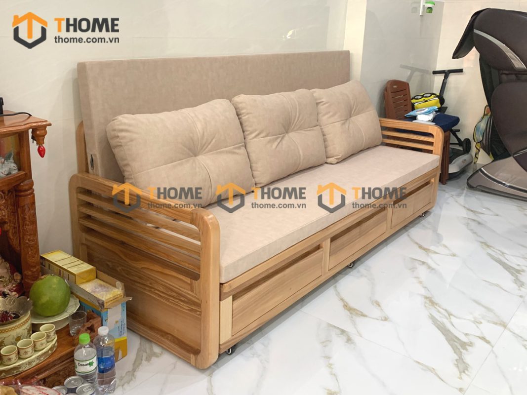 Sofa giường gỗ sồi tự nhiên răng cưa tay nhỏ màu tự nhiên SFB-03SN