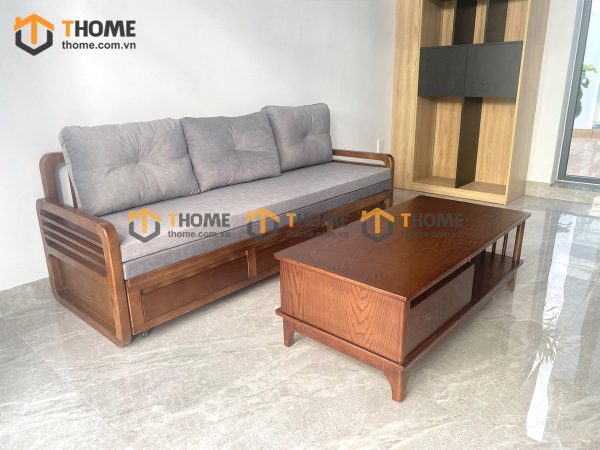 Sofa giường gỗ sồi tự nhiên răng cưa tay nhỏ màu óc chó SFB-04SN