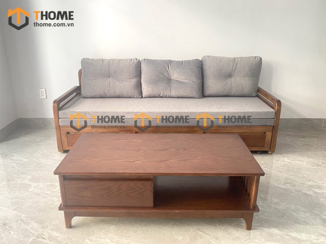 Sofa giường gỗ sồi tự nhiên răng cưa tay nhỏ màu óc chó SFB-04SN