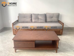 Sofa giường gỗ sồi tự nhiên răng cưa tay nhỏ màu óc chó SFB-04SN