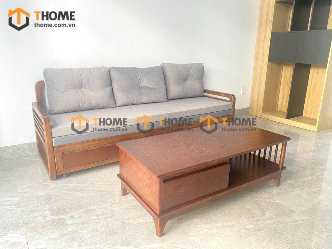 Sofa giường gỗ sồi tự nhiên răng cưa tay nhỏ màu óc chó SFB-04SN