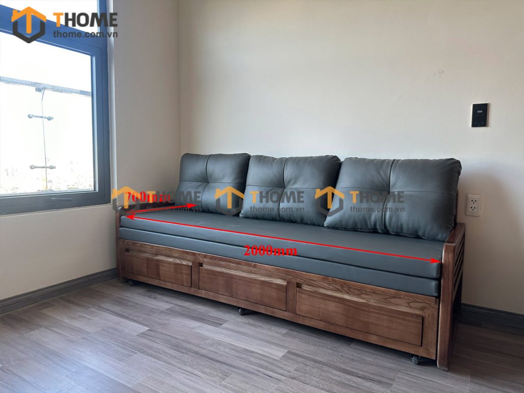 Sofa giường gỗ sồi tự nhiên răng cưa tay nhỏ màu óc chó SFB-04SN